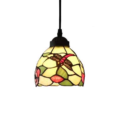 Dragonfly Floral Pendant Light with Tiffany Stained Glass Shade in Colorful, 6