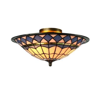 16" Wide Tiffany Flush Mount Ceiling Light in Conical Glass Shade in Colorful, 3 Light
