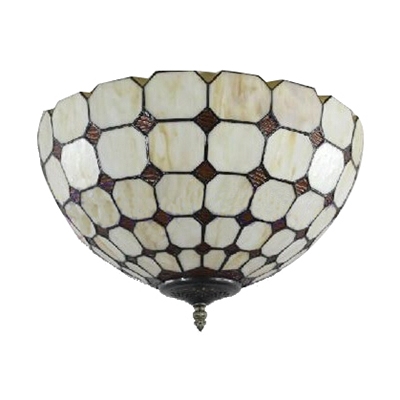 12-Inch Wide Two Light Flush Mount Ceiling Fixture Up Lighting with Tiffany White Stained Glass Lampshade