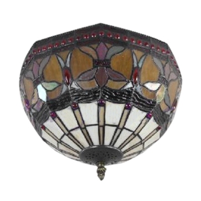 Vintage Flush Mount Lamp Up Lighting in Tiffany Style with Colorful Glass Lampshade, 12