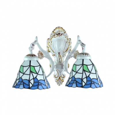 2-Light Wall Sconce in Tiffany Style with Blue Petal Glass Shade, 9.45