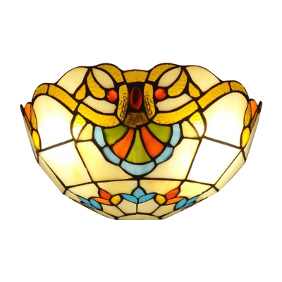 Classic Victorian Tiffany Style Hallway Two Light Wall Sconce with Bowl Shaped Handmade Glass Shade, Multi-Colored, 12-Inch Wide
