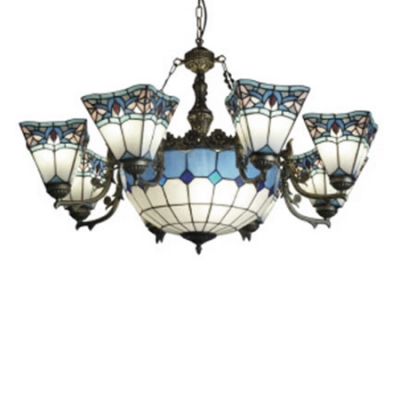 Baroque Style Tiffany Stained Glass Inverted Chandelier with Blue&White Checkered Center Bowl Shade