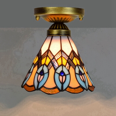 6-Inch Wide Mini Flush Mount Ceiling Light with Peacock Tail Pattern and Tiffany Stained Glass Shade, Multicolored