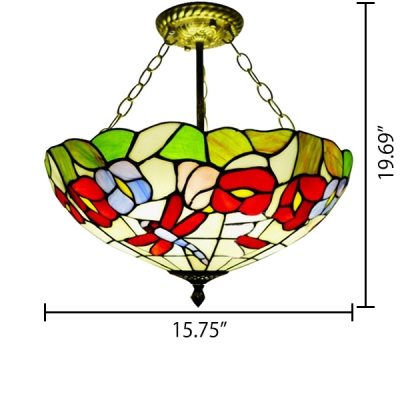 3 Light Semi-Flush Mount Ceiling Fixture with Tiffany-Style Colorful Flower and Dragonfly Glass Shade, 16