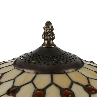 Tiffany Style Vintage Table Lamp with Dome Glass Shade in White with Amber Beads Accent
