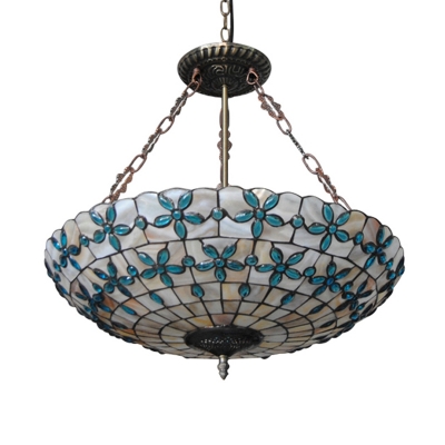 Brightly Hued Bowl Shaped Flower Pattern Inverted Pendant Light with Blue Stained Glass/Shell Lampshade