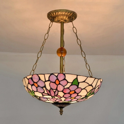 Inverted Pendant with Floral Glass Shade Tiffany Style Semi-Flush Mount Ceiling Fixture, Multi-Colored, 3 Light