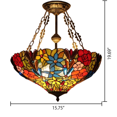 Semi-Flush Mount Ceiling Fixture with Flower Theme, Tiffany Stained Glass in Colorful, 16
