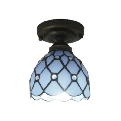 Vintage Style Tiffany Dome Shade Semi Flush Mount Light with Stained Glass in Blue, 6-Inch Wide