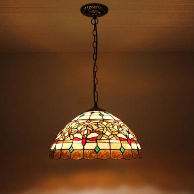 Baroque Style 2-Light Ceiling Pendant Fixture with Tiffany Dome Shaped Glass Shade, Multicolored, 16-Inch Wide