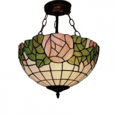 Tiffany Style 2/3-Light Inverted Pendant Lamp with Pink Rose Pattern Glass Shade, 12