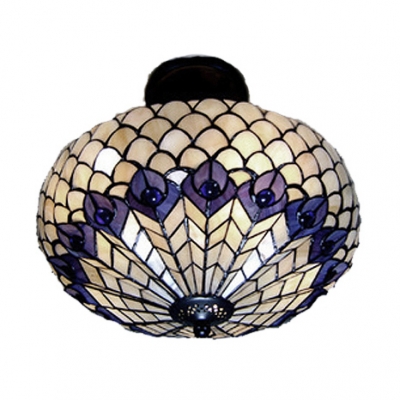 Peacock Pattern 16 Inch Semi Flush Mount Ceiling Lighting in Tiffany Stained Glass Style