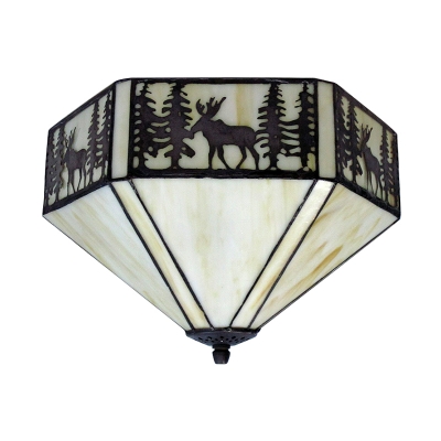 White Tiffany Flush Mount Ceiling Light with Loft Deer Pattern Hexagon Shade