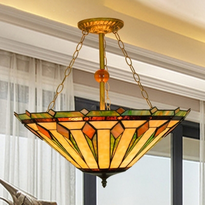 3-Light Tiffany Art Glass Semi-Flush Ceiling Light in Geometric Style, 22