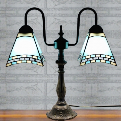 Mission Style Blue/White Stained Glass Tiffany Two-light Buffet Table Lamp