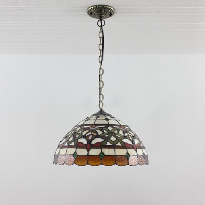 Baroque Style 2-Light Ceiling Pendant Fixture with Tiffany Dome Shaped Glass Shade, Multicolored, 16-Inch Wide