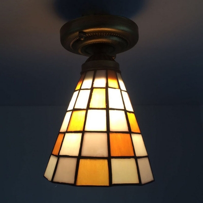 Orange/Green Semi Flush Mount Ceiling Light with Tiffany Plaid Pattern Glass Shade, 6