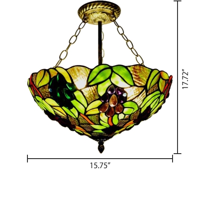 Vintage Style Tiffany Double/Triple Light Semi-Flush Ceiling Fixture with Grape Pattern Stained Glass Shade