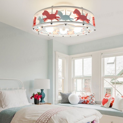 Carousel/Ferris Wheel Ceiling Lamp Modern Girls Room Wooden 6 Lights Semi Flush Mount in White