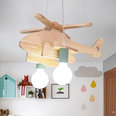 2 Lights Helicopter Lighting Fixture Kindergarten Wooden Decorative Chandelier Lamp in Green/Gray/White