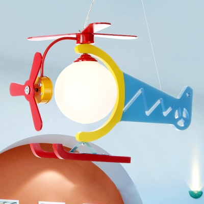 Helicopter Pendant Light Kindergarten Amusement Park Glass Shade Single Light Hanging Lamp in Red Finish