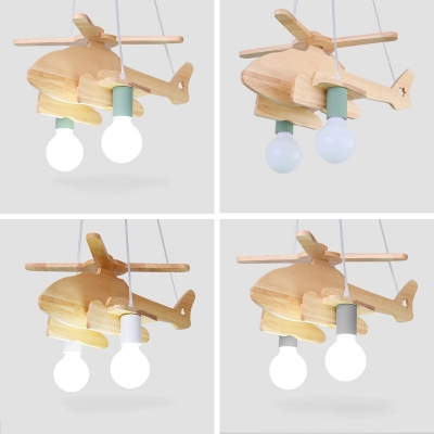 2 Lights Helicopter Lighting Fixture Kindergarten Wooden Decorative Chandelier Lamp in Green/Gray/White