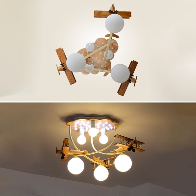 Retro Style Biplane Suspended Lamp Boys Room Glass Shade 6 Lights Flush Light in Blue/Silver/White