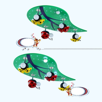 Green Leaf Flushmount with Ladybug Metal 8 Lights Eye Protection LED Flush Ceiling Light for Kids