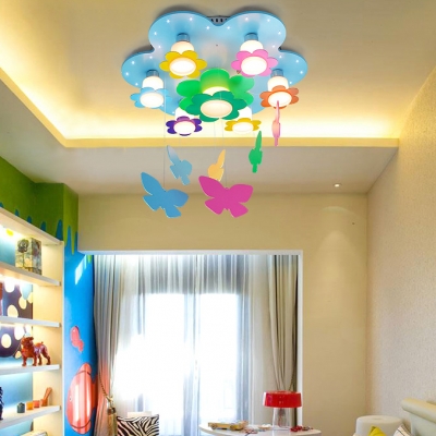 Adorable Wooden Flower Flush Light with Hanging Butterfly Girls Room 7 Lights Ceiling Lamp in Blue