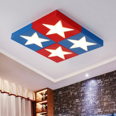 Blue/Red Square Ceiling Light With Star Plastic Decorative LED Flush Mount Light for Game Room