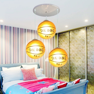 Football/Basketball 3 Lights Hanging Lamp Boys Bedroom Chrome Finish Glass Shade Lighting Fixture