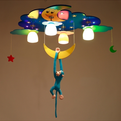 Cute 4 Lights Monkey Flush Light Nursing Room Decorative Wooden LED Ceiling Lamp in Blue/Pink