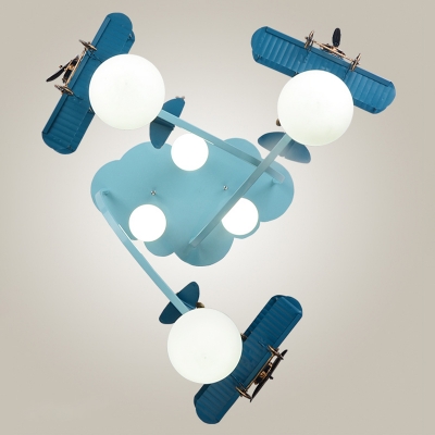 Retro Style Biplane Suspended Lamp Boys Room Glass Shade 6 Lights Flush Light in Blue/Silver/White