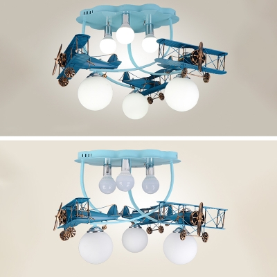 Retro Style Biplane Suspended Lamp Boys Room Glass Shade 6 Lights Flush Light in Blue/Silver/White