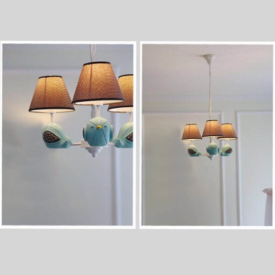 Lovely Tapered Hanging Lamp with Bird Decoration Children Fabric 3/5 Lights Suspended Light in White Finish