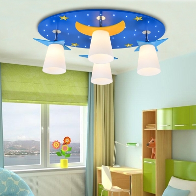 Stars Moon LED Flush Light Kids Bedroom 4 Light Ceiling Lamp with White Glass Cone Shade
