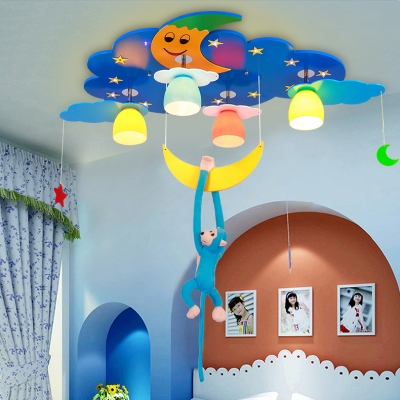 Cute 4 Lights Monkey Flush Light Nursing Room Decorative Wooden LED Ceiling Lamp in Blue/Pink