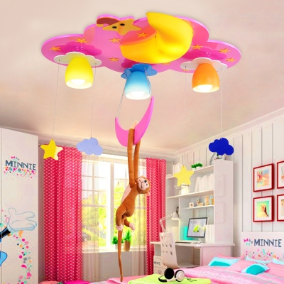 Cute 4 Lights Monkey Flush Light Nursing Room Decorative Wooden LED Ceiling Lamp in Blue/Pink