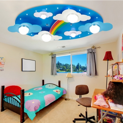 Remote Control 6 Lights Rainbow Flushmount Modernism Nursing Room Kindergarten Metal Ceiling Light in Blue