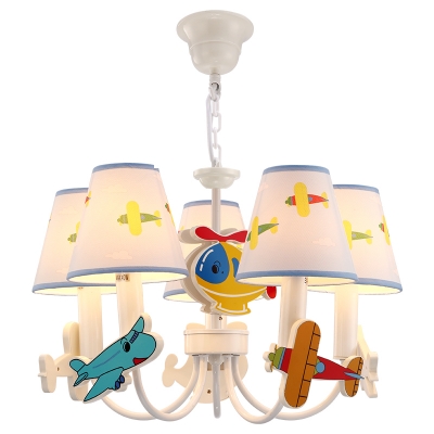 5 Lights Airplane Design Hanging Light Boys Bedroom Fabric Shade Chandelier Lamp in White Finish