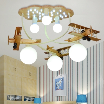 Retro Style Biplane Suspended Lamp Boys Room Glass Shade 6 Lights Flush Light in Blue/Silver/White
