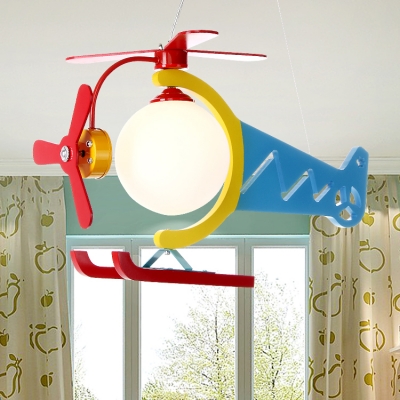 Helicopter Pendant Light Kindergarten Amusement Park Glass Shade Single Light Hanging Lamp in Red Finish