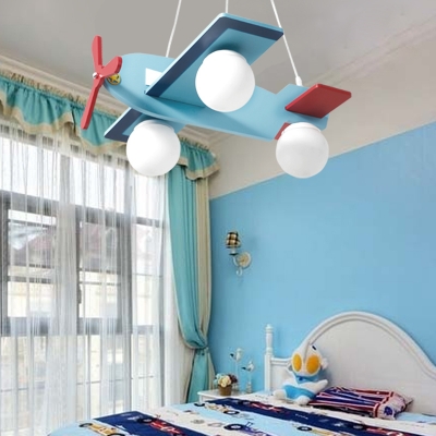 Sky Blue Plane Shape Suspended Lamp Wooden 3/4 Lights Chandelier Light for Amusement Park