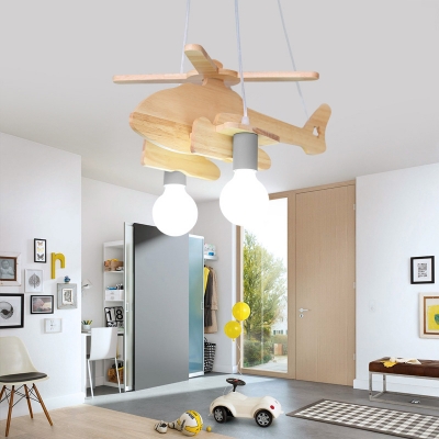 2 Lights Helicopter Lighting Fixture Kindergarten Wooden Decorative Chandelier Lamp in Green/Gray/White