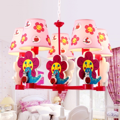 Red Finish Flower Design Hanging Chandelier Fabric Shade 5 Lights Suspension Light for Girls Bedroom