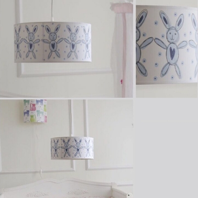 Paper Drum Shade Pendant Light with Rabbit Design Children Bedroom 1 Lights Lighting Fixture in White