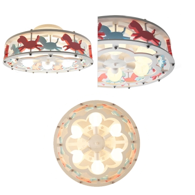 Carousel/Ferris Wheel Ceiling Lamp Modern Girls Room Wooden 6 Lights Semi Flush Mount in White