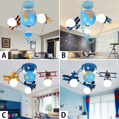 3/6 Light Airplane Semi Flushmount Boys Bedroom Glass Shade LED Lighting Fixture in Blue