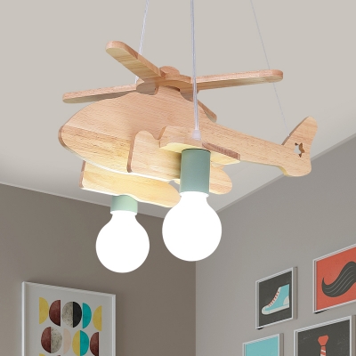 2 Lights Helicopter Lighting Fixture Kindergarten Wooden Decorative Chandelier Lamp in Green/Gray/White